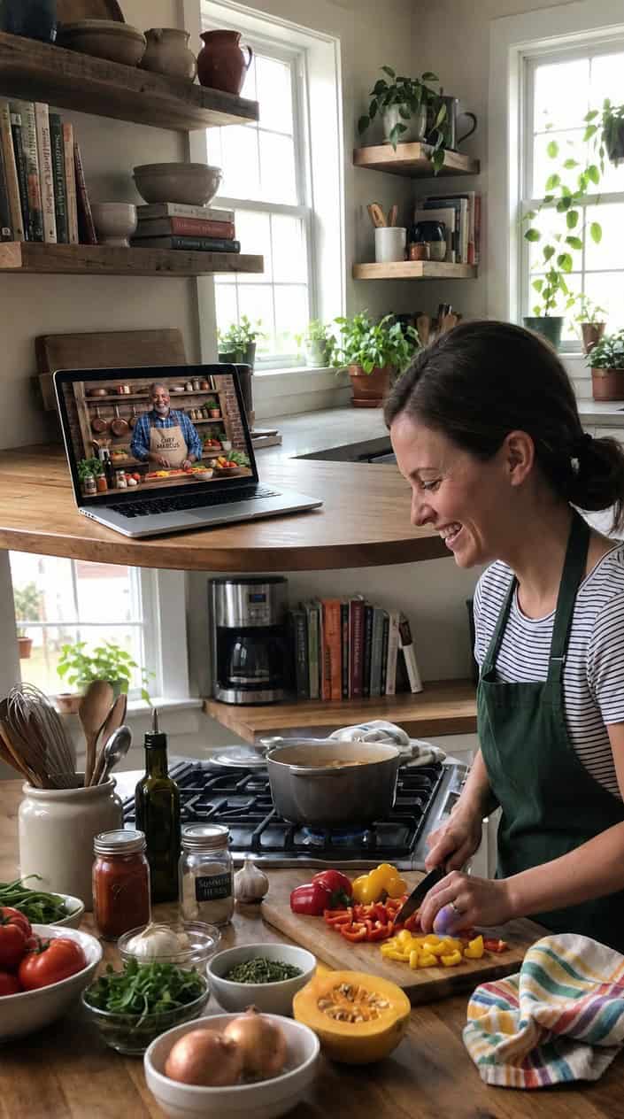 Thoughtful Gift Ideas for Mom 11 A woman participating in a virtual cooking class with a Southern chef on a laptop in a home kitchen.