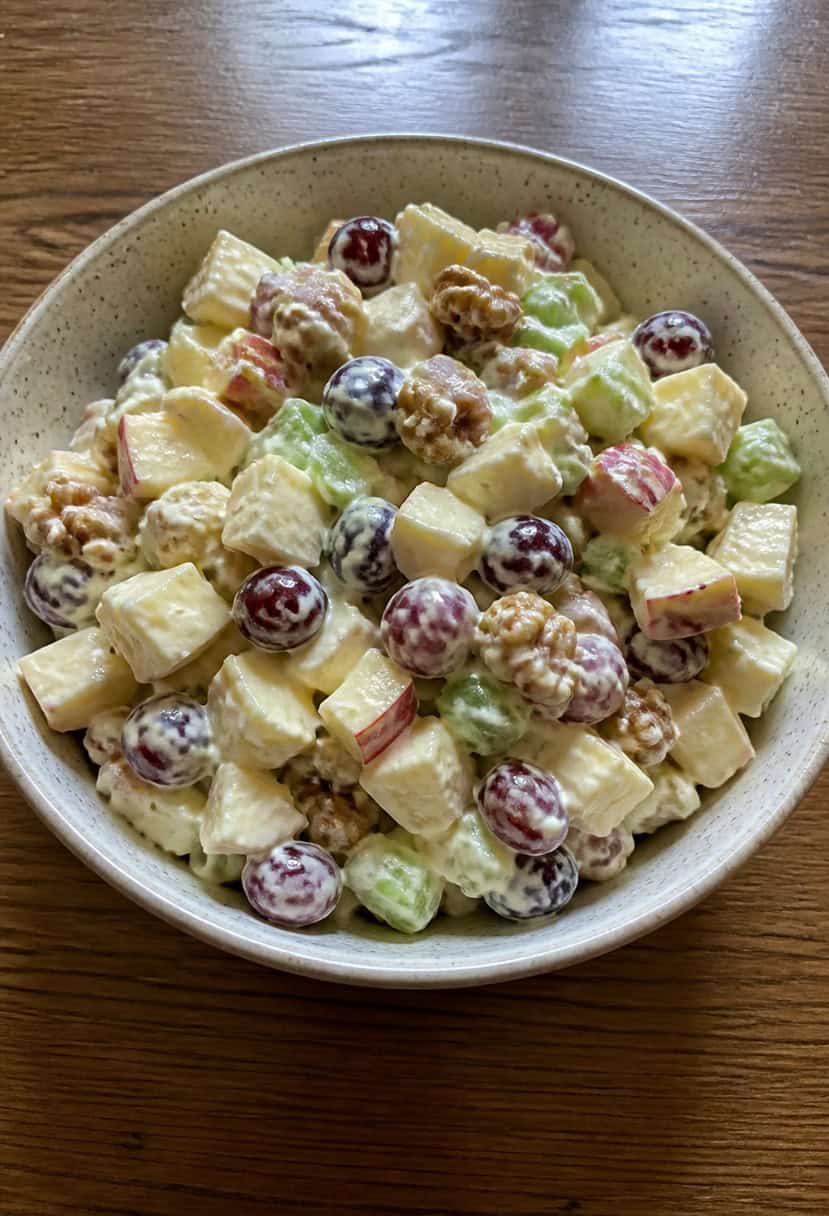 A table set with a colorful array of Thanksgiving dishes including a vibrant Waldorf Salad surrounded by autumn leaves and decorative gourds