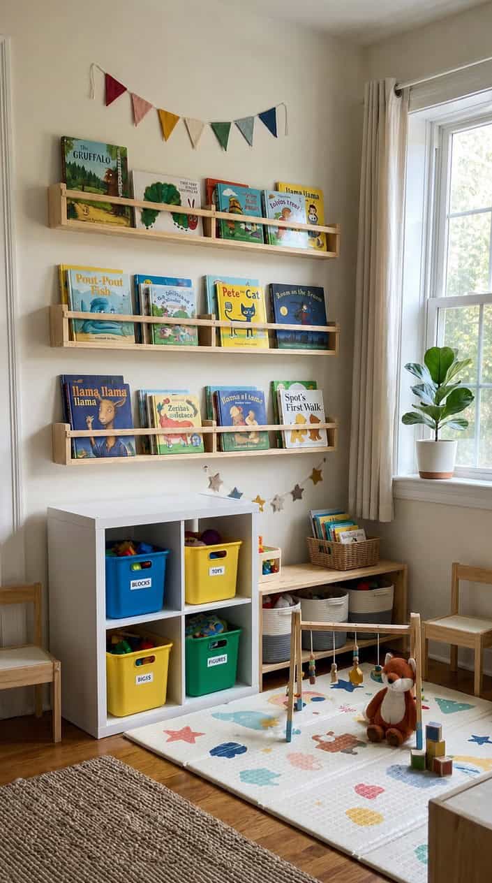 White wall-mounted picture ledges displaying colorful children's storybooks face-out at child eye level, with organized storage bins arranged on shelves below.