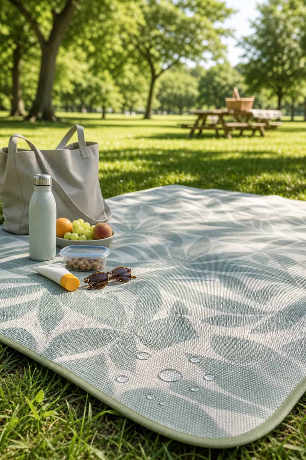 Mom Bag Essentials for Summer Outings 12 A navy and cream water-resistant picnic blanket spread on green grass with a packed summer tote bag and snacks arranged nearby in bright sunlight.