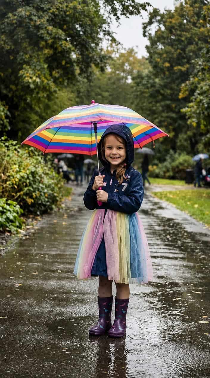 Little Girl Dress Styles for a Rainy Birthday Party 2 A young girl wearing a waterproof dress with a hood stands outside in the rain holding an umbrella.
