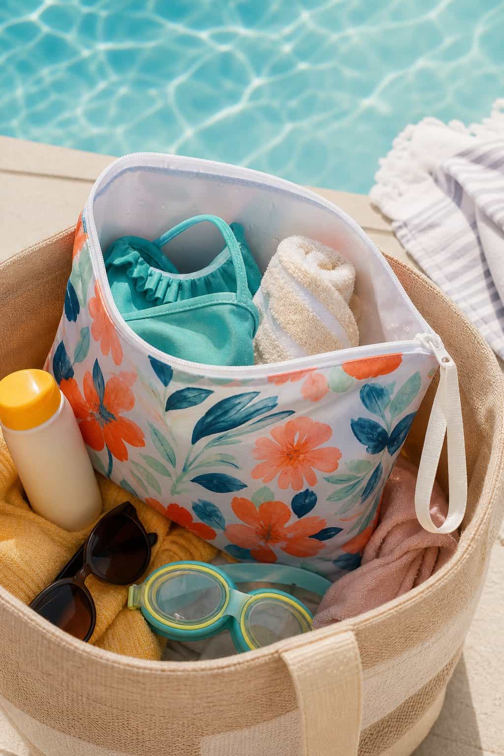 A brightly patterned waterproof wet bag partially unzipped to show a damp child's swimsuit inside, resting beside a beach tote on sand.