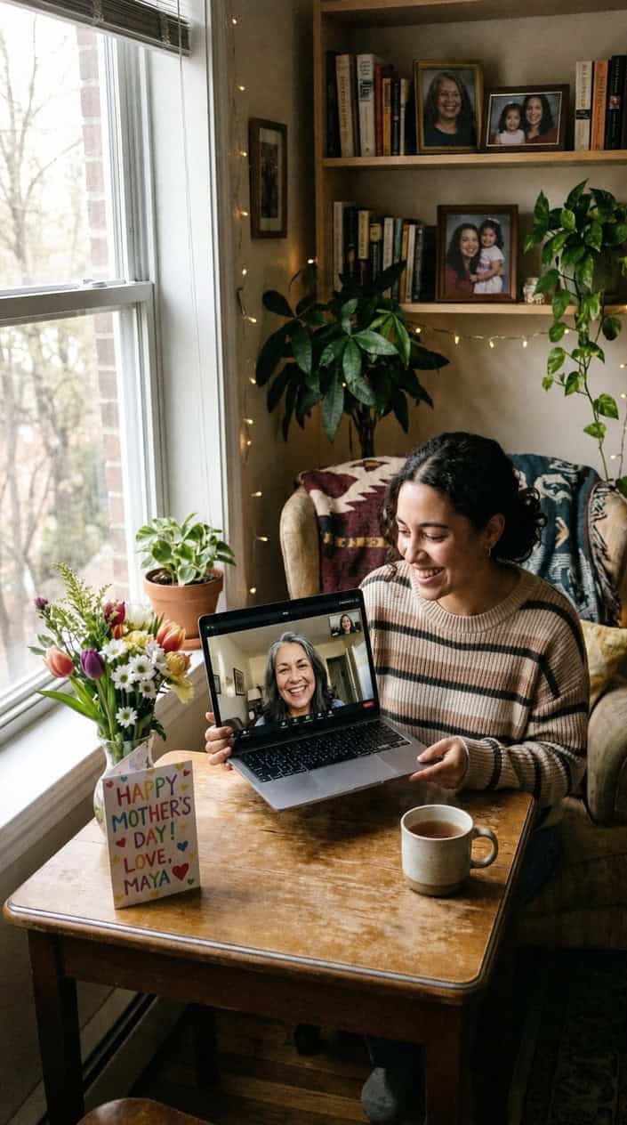 A young adult video calling their mother on a laptop from a cozy room, smiling warmly with small gifts and flowers on the table nearby.