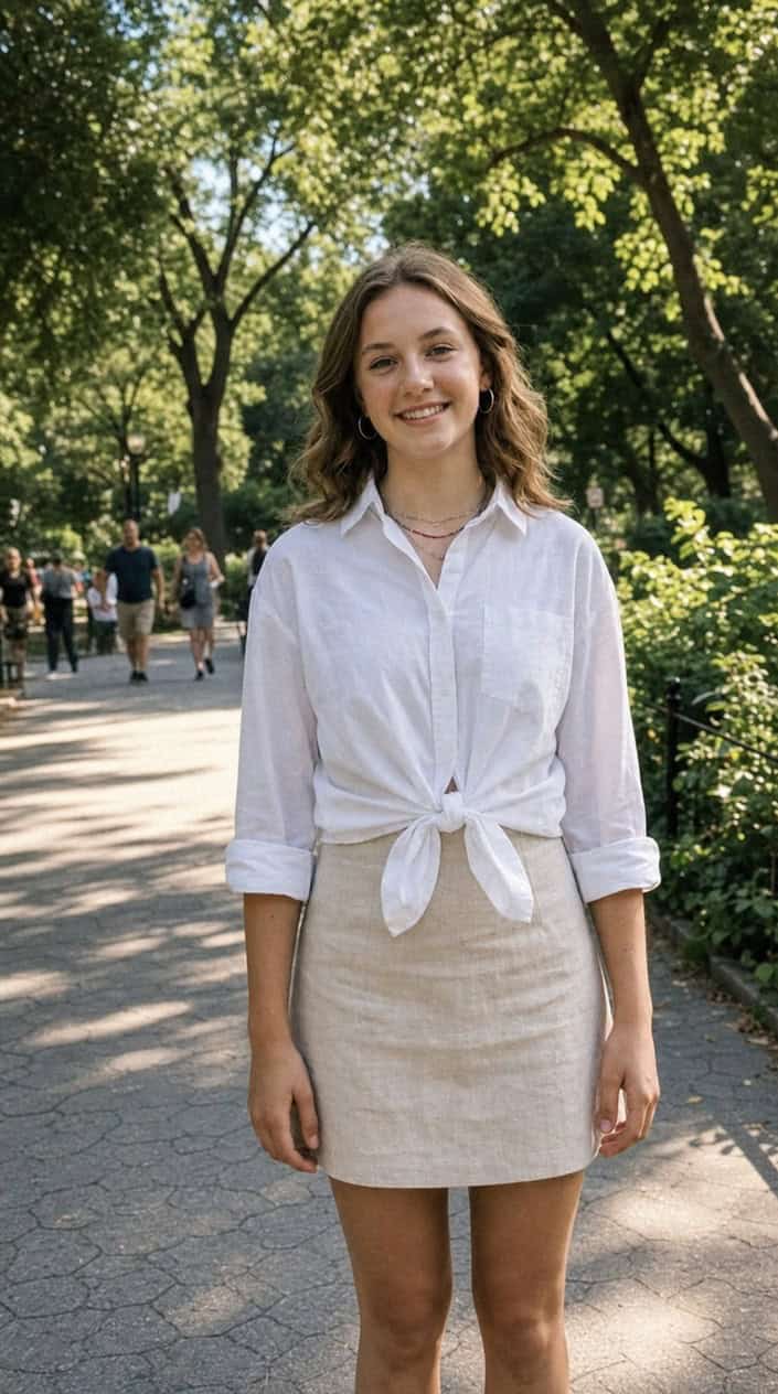 Teenage girl standing outdoors wearing a tied white button-down shirt and A-line mini skirt on a sunny day.
