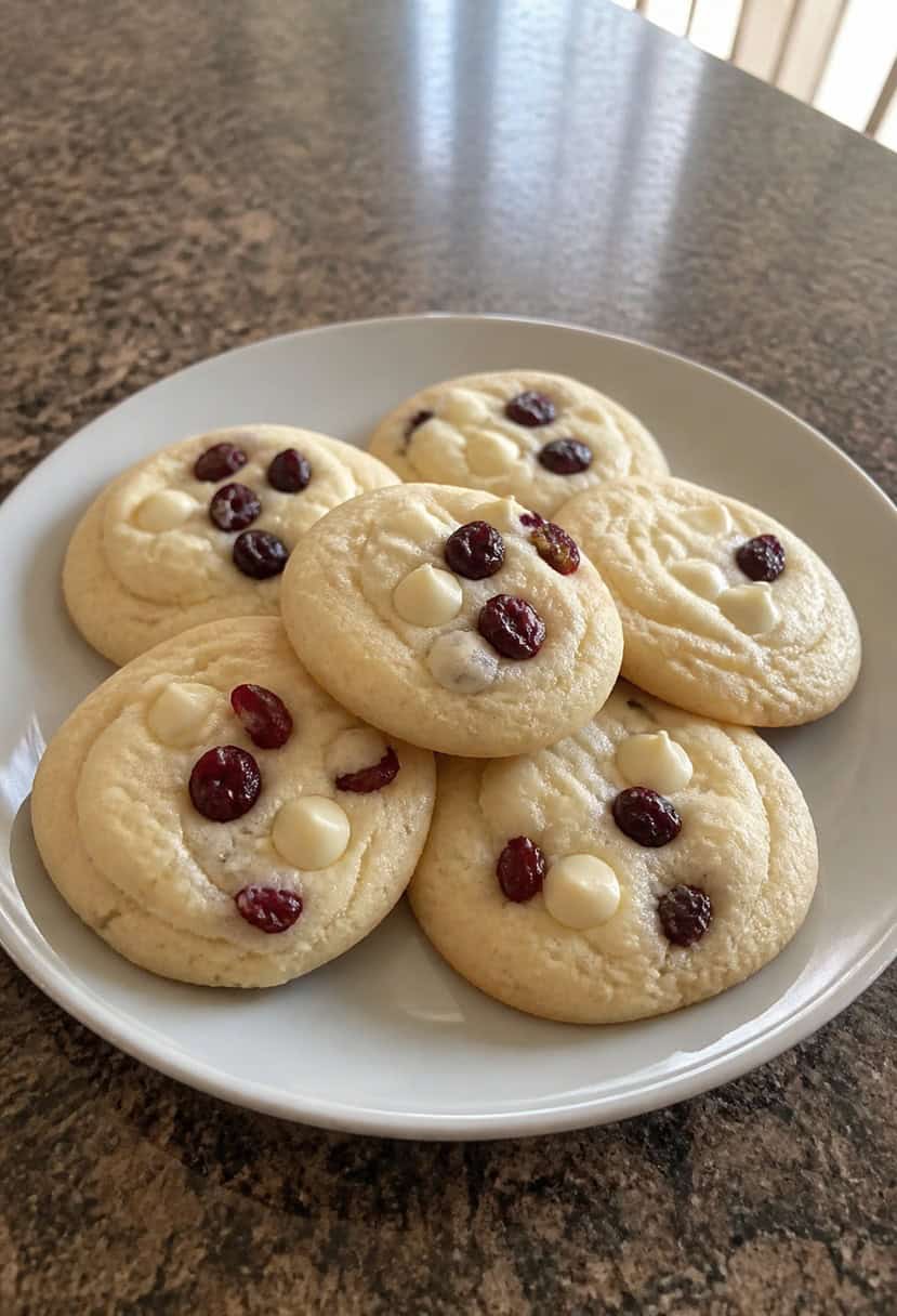 A festive kitchen counter with a plate of white chocolate cranberry cookies surrounded by holiday decorations and ingredients