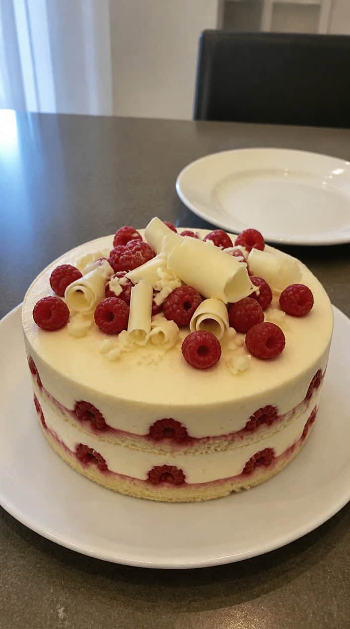 A white chocolate raspberry mousse cake decorated with fresh raspberries and white chocolate shavings on a white cake stand.