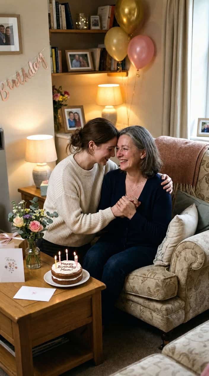 A mother and adult child share a warm, heartfelt moment during a birthday celebration at home.