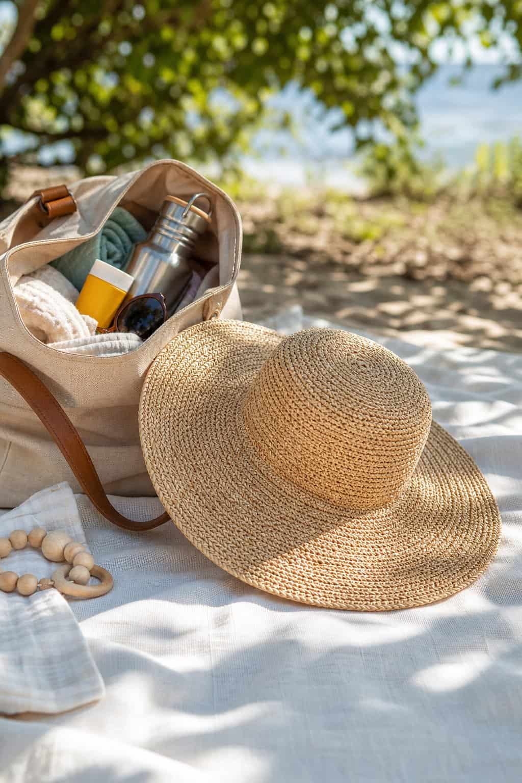 Mom Bag Essentials for Summer Outings 6 A wide-brim tan straw sun hat with a chin cord rests beside an open summer tote bag on a picnic blanket in bright natural light.