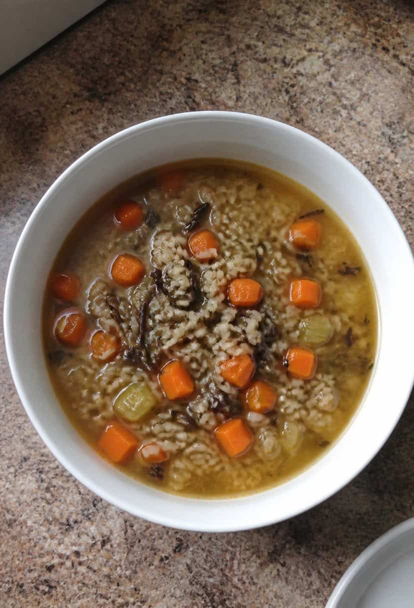 A steaming pot of wild rice soup surrounded by fresh ingredients and spices on a rustic wooden table
