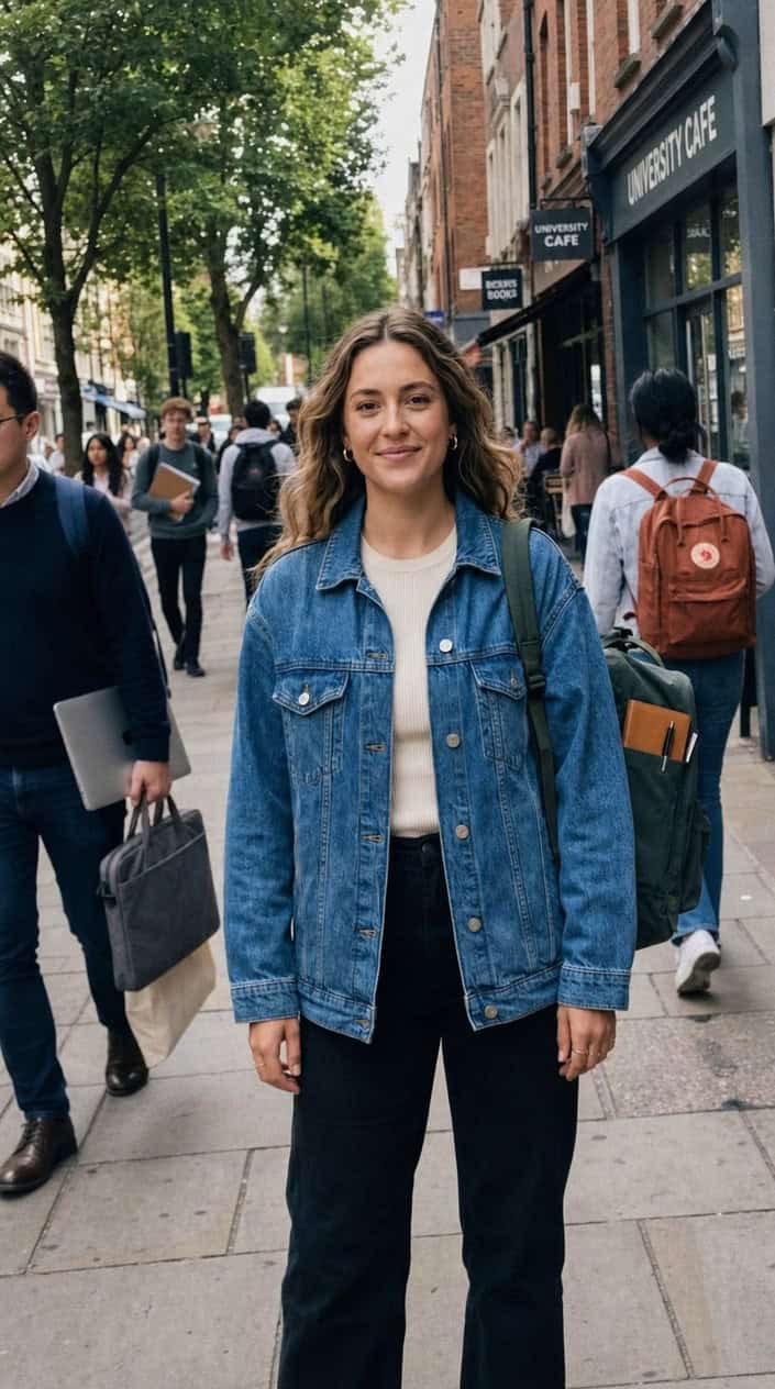 A young woman wearing an oversized denim jacket standing outdoors in a city setting with back-to-school items around her.