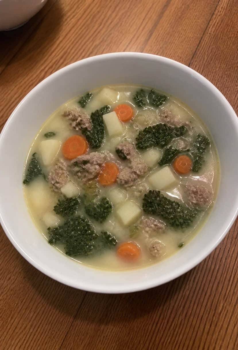 A rustic kitchen with a bubbling pot of Zuppa Toscana soup surrounded by fresh vegetables and herbs