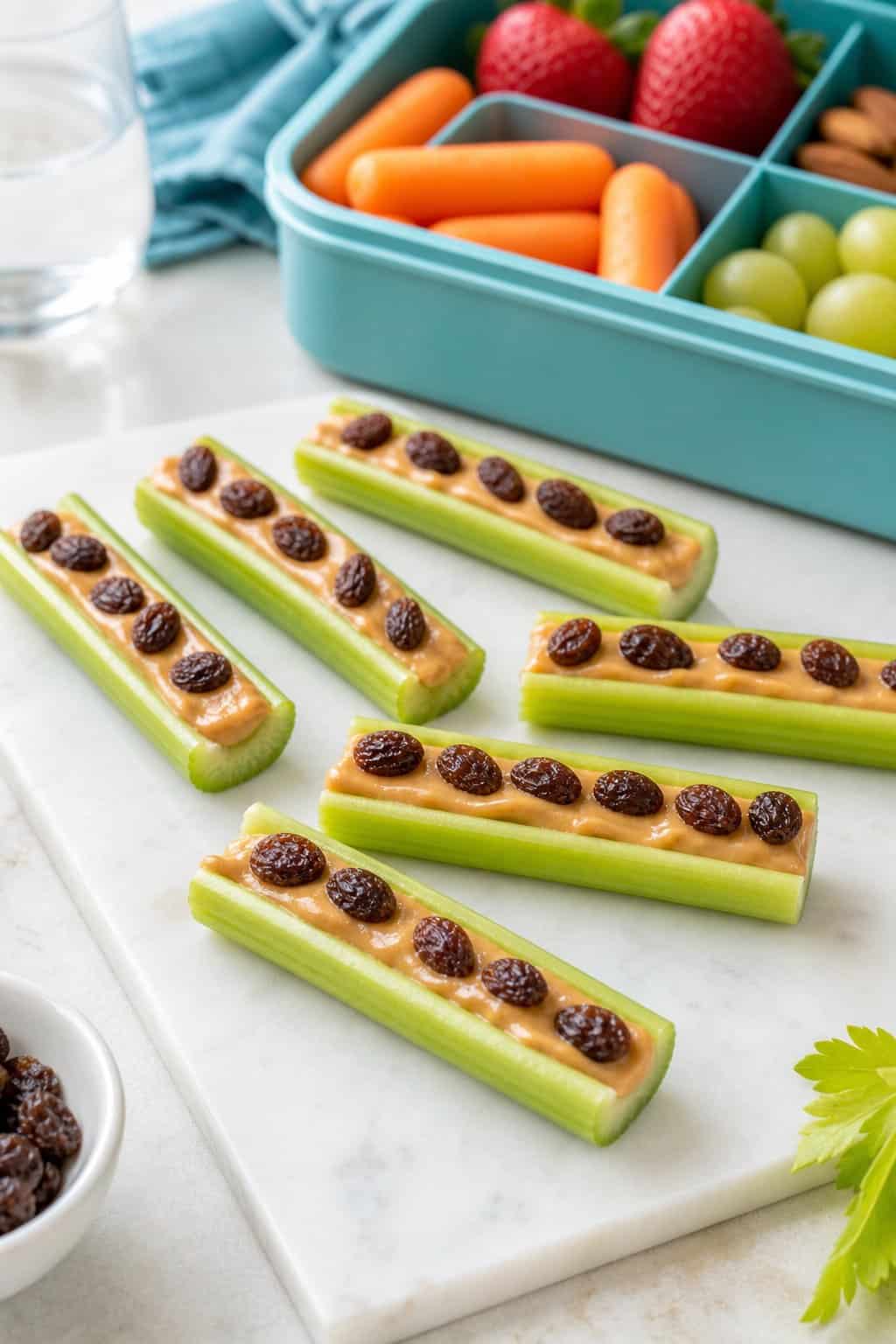 16 Easy Lunchbox Sides Kids Will Eat 15 Celery sticks filled with peanut butter and topped with raisins in a lunchbox.
