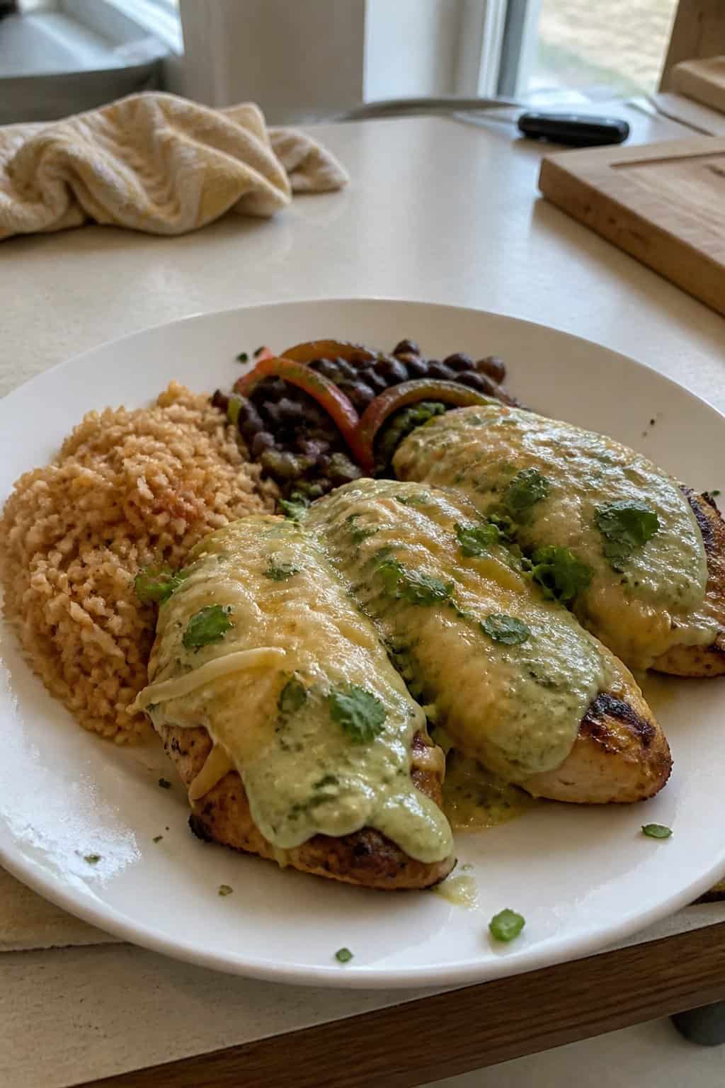 20 Copycat Chicken Recipes for Restaurant Cravings at Home 11 A plate of creamy fiesta lime chicken with rice and black beans on a kitchen table.