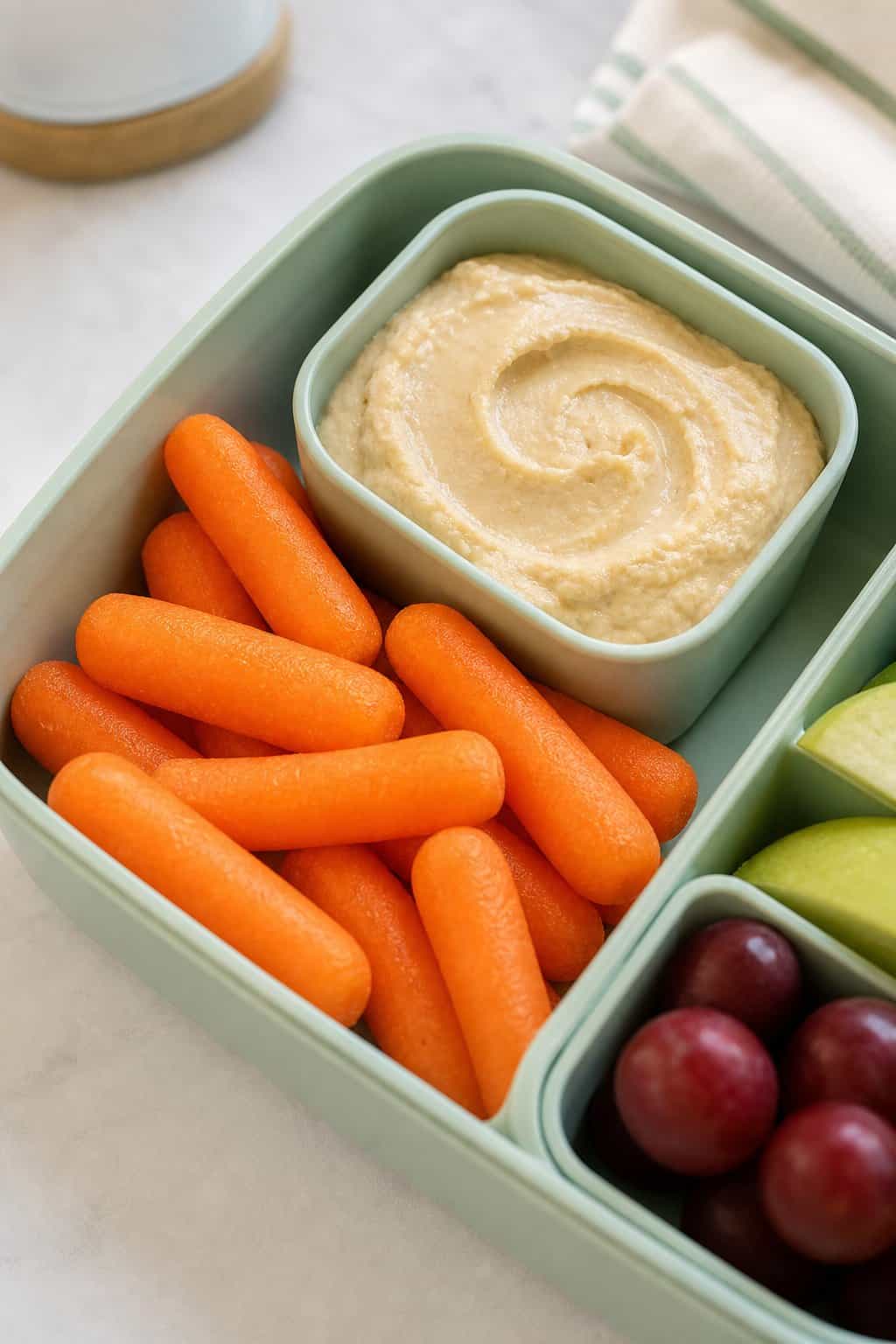 16 Easy Lunchbox Sides Kids Will Eat 6 Baby carrots served with hummus in a lunchbox.