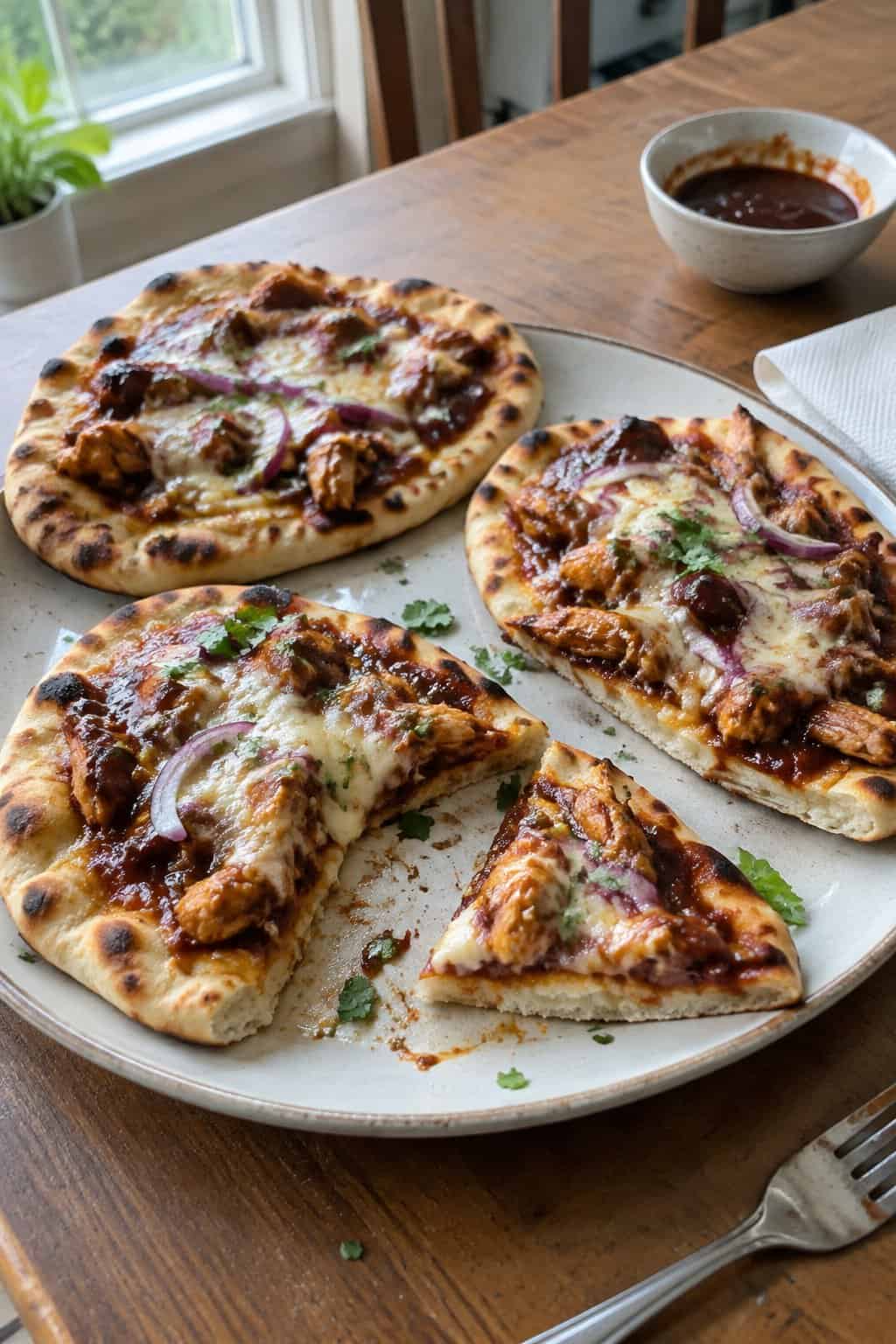 Homemade BBQ chicken flatbreads with melted cheese and herbs on naan bread, served on a kitchen table.