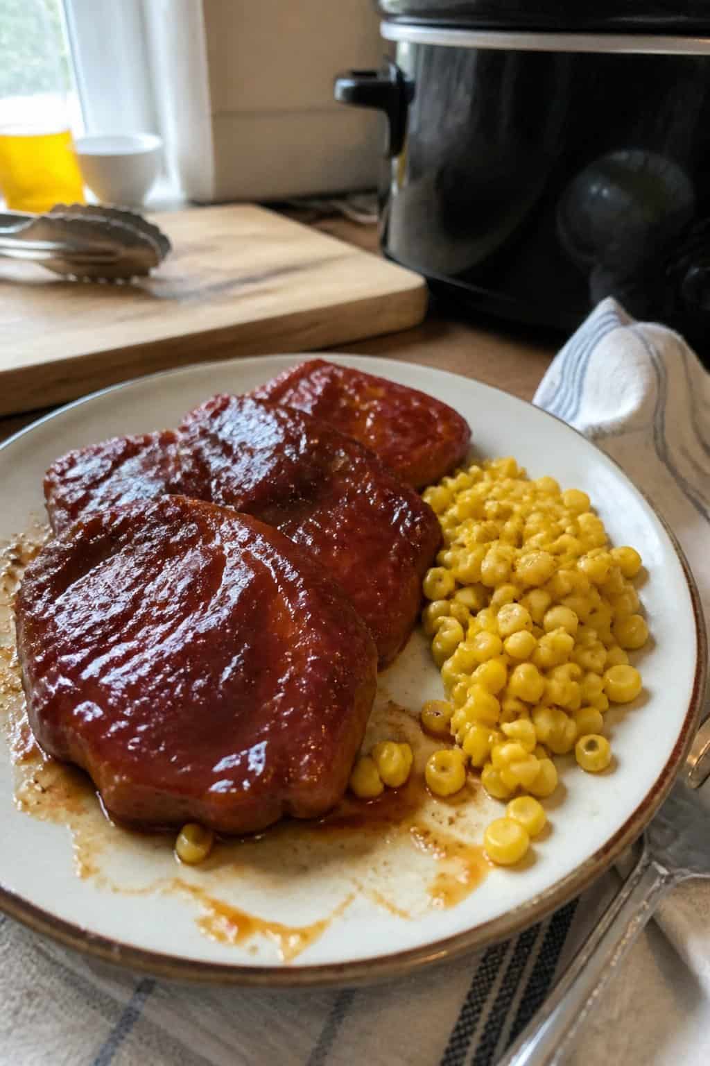 A plate of barbecue pork chops served with corn on a kitchen table.