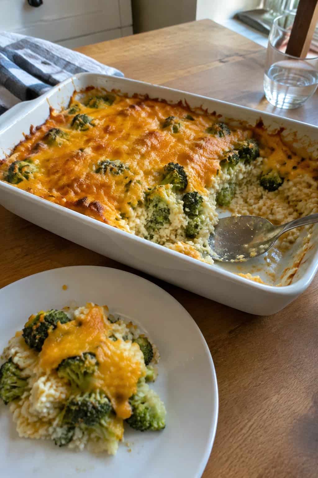 A homemade broccoli, cheddar, and rice casserole in a baking dish on a kitchen table with a serving spoon and a plated portion.