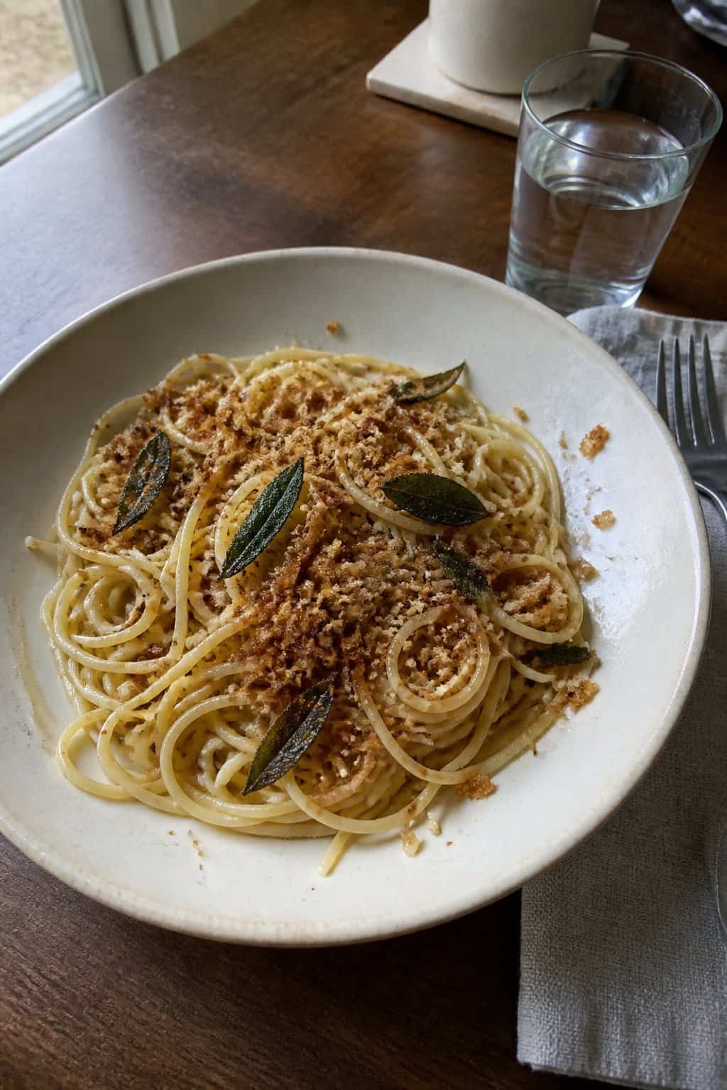 17 Pasta Dinners That Feel Fancy But Use Pantry Staples 3 A bowl of brown butter sage pasta topped with a scattering of golden, toasted breadcrumbs