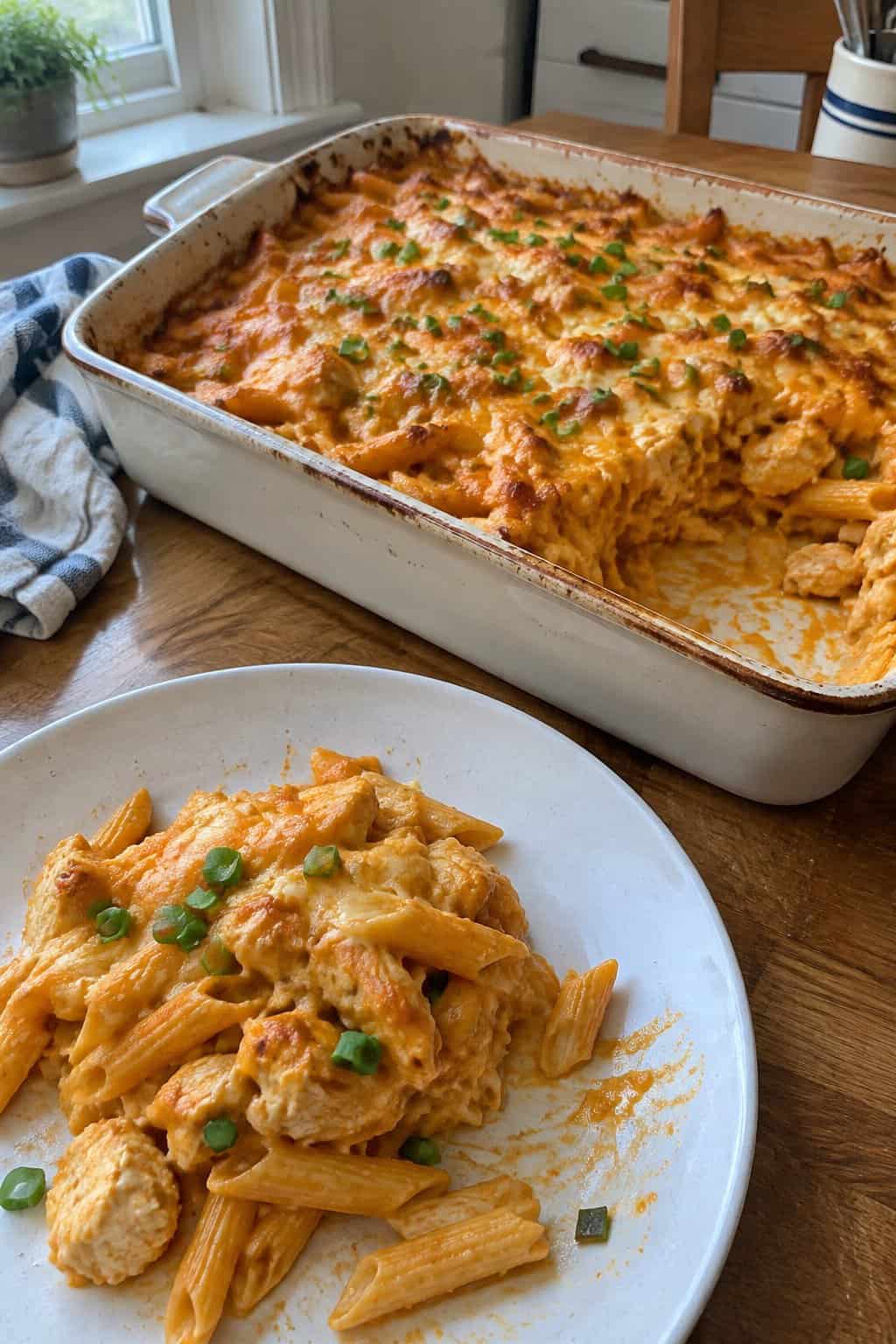 A creamy buffalo chicken pasta bake with melted cheese served in a baking dish.