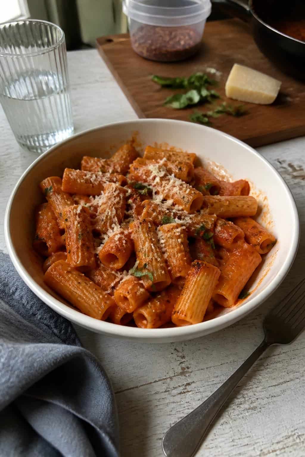 17 Pasta Dinners That Feel Fancy But Use Pantry Staples 14 A bowl of rigatoni coated in rich tomato sauce, topped with grated Parmesan and fresh basil leaves