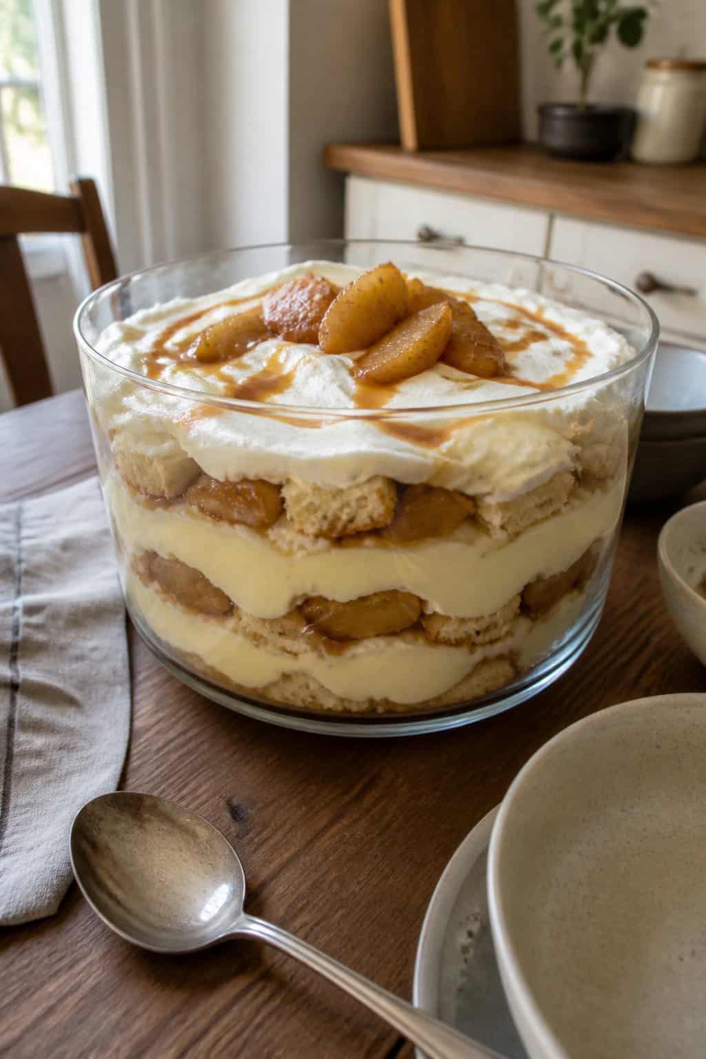 A homemade caramel pear trifle with layers of pears, cake, custard, whipped cream, and caramel in a glass serving bowl.