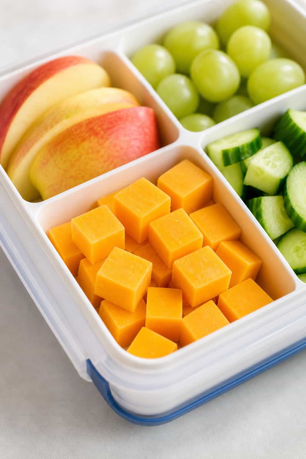 16 Easy Lunchbox Sides Kids Will Eat 10 Golden cheddar cheese cubes arranged in a divided lunchbox with fresh fruit and vegetables.