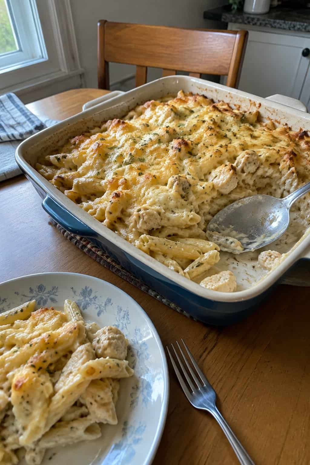 A dish of creamy chicken Alfredo pasta topped with melted cheese.