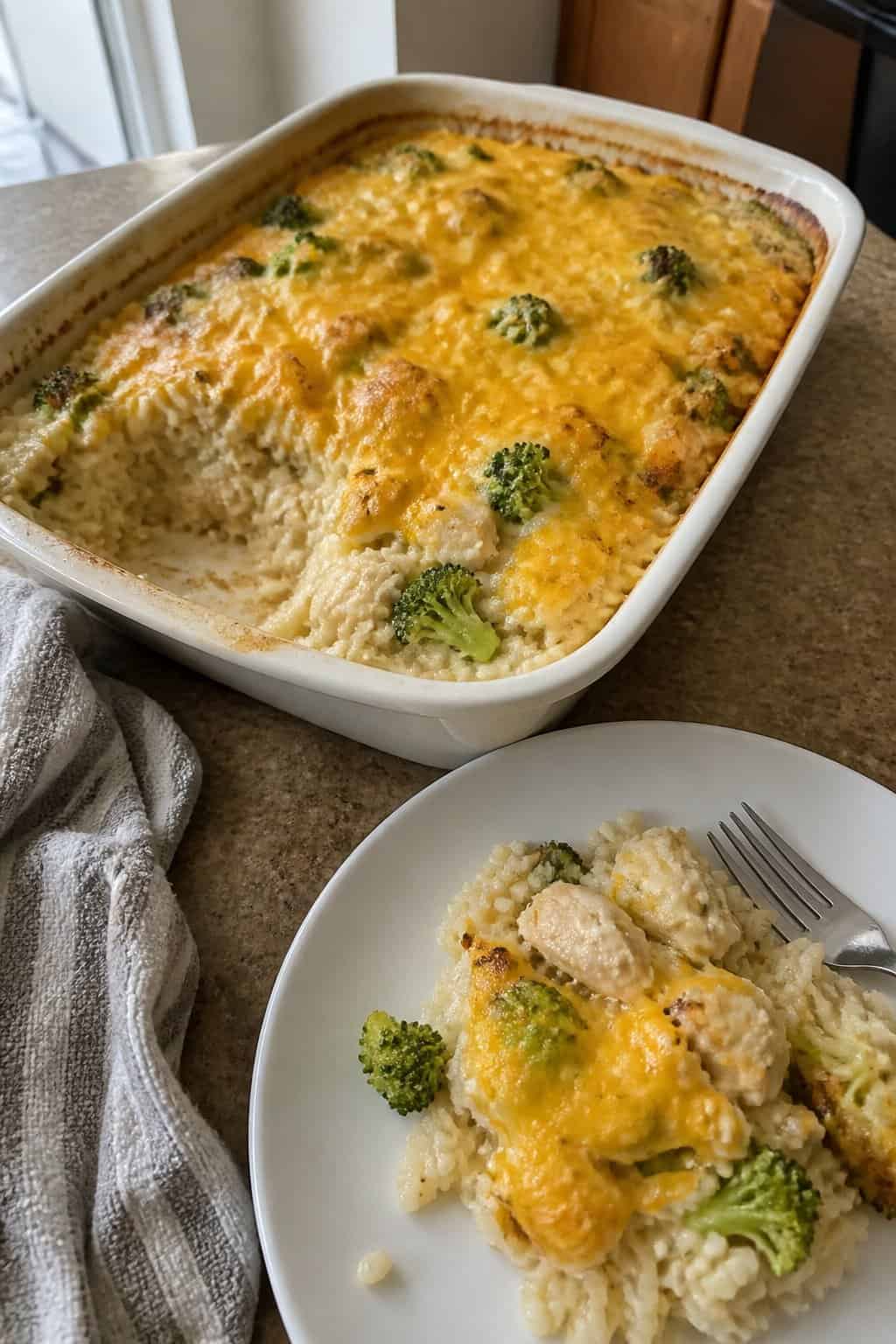 A partially served cheesy chicken, broccoli, and rice casserole in a baking dish with a portion on a nearby plate.