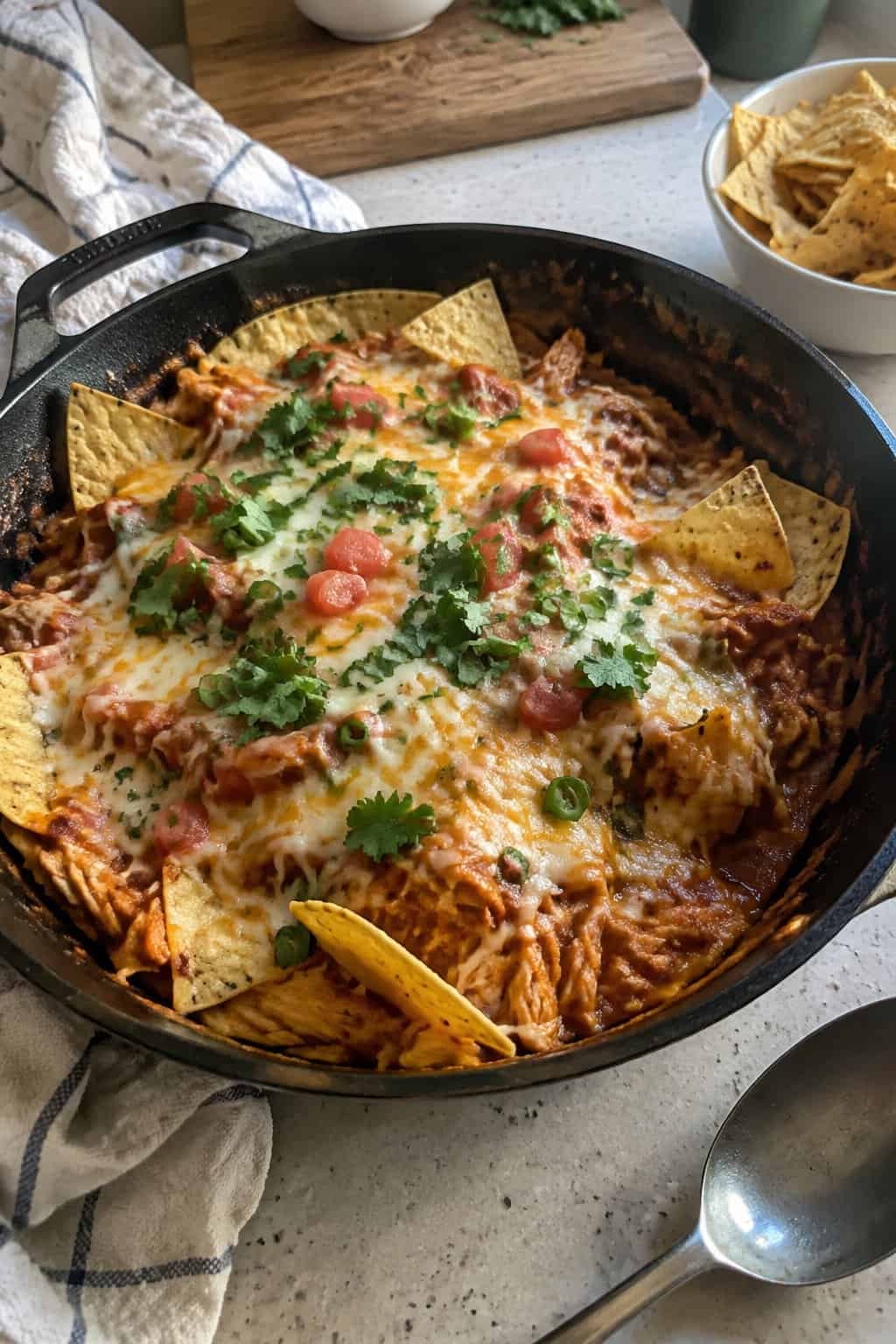 A skillet filled with cheesy chicken enchiladas, tortilla chips, and fresh toppings sits on a kitchen counter.
