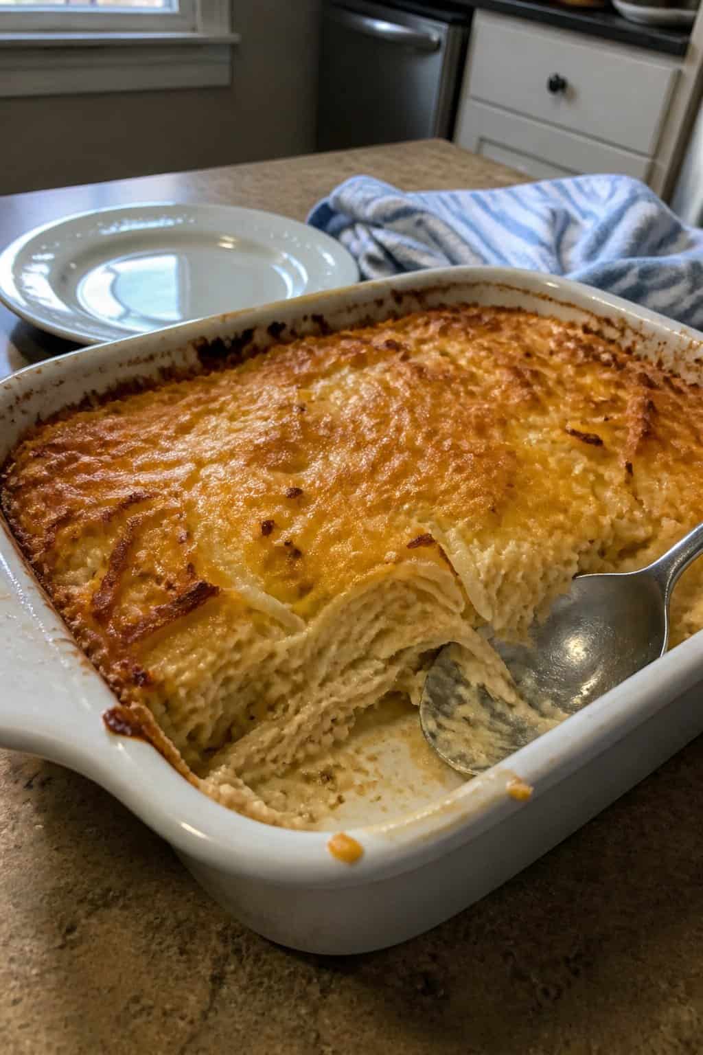 A golden cheesy chicken and hash brown casserole sits in a ceramic baking dish on a kitchen table.
