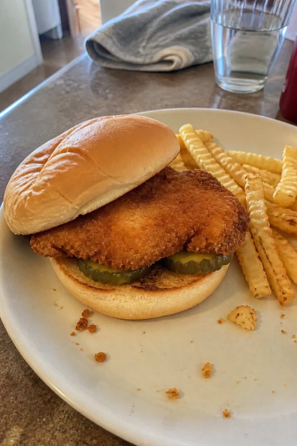 20 Copycat Chicken Recipes for Restaurant Cravings at Home 2 A homemade breaded chicken sandwich with pickles on a plate beside crinkle-cut fries.