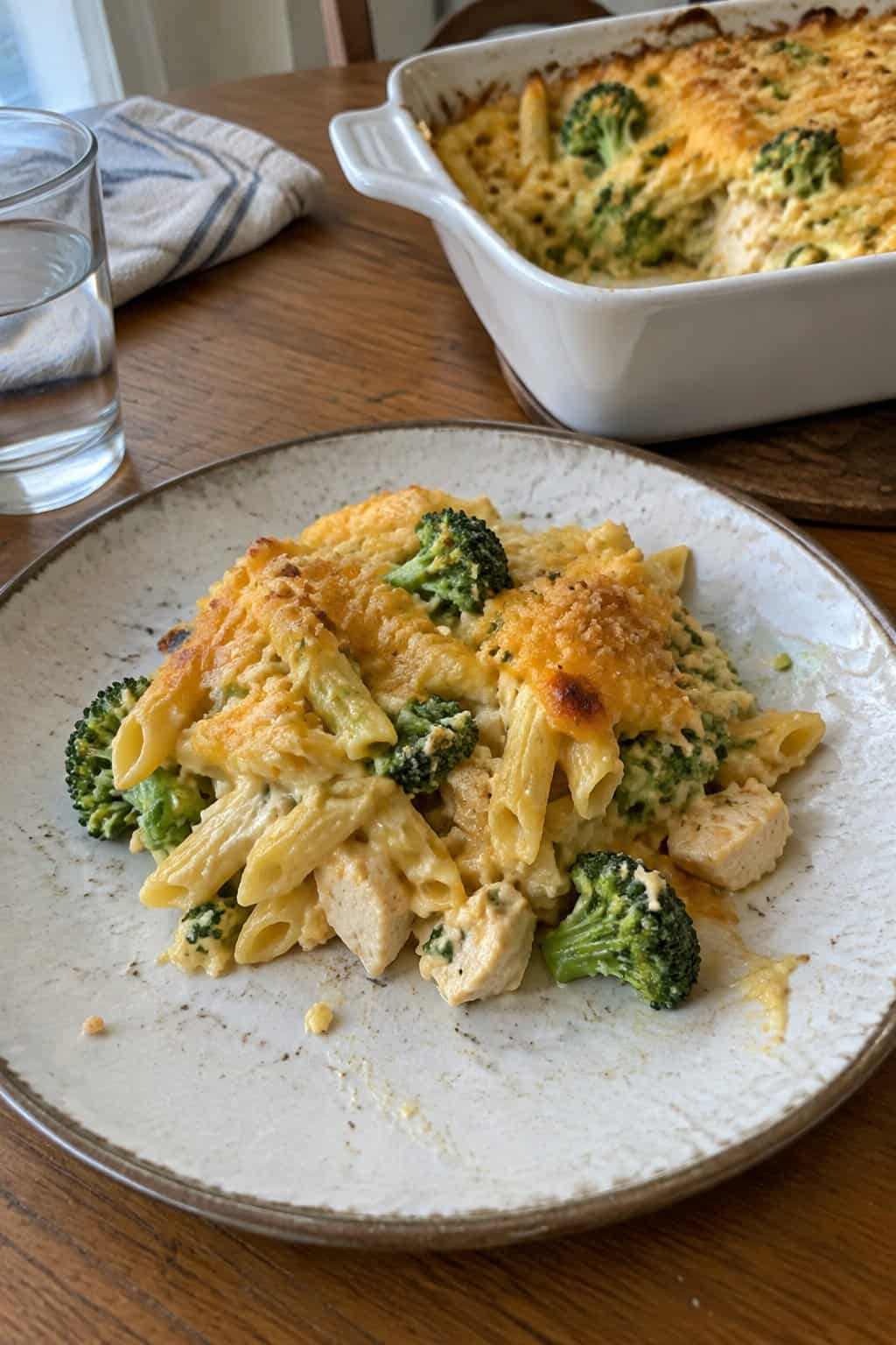 A serving of chicken broccoli cheddar pasta bake on a plate beside the casserole dish.