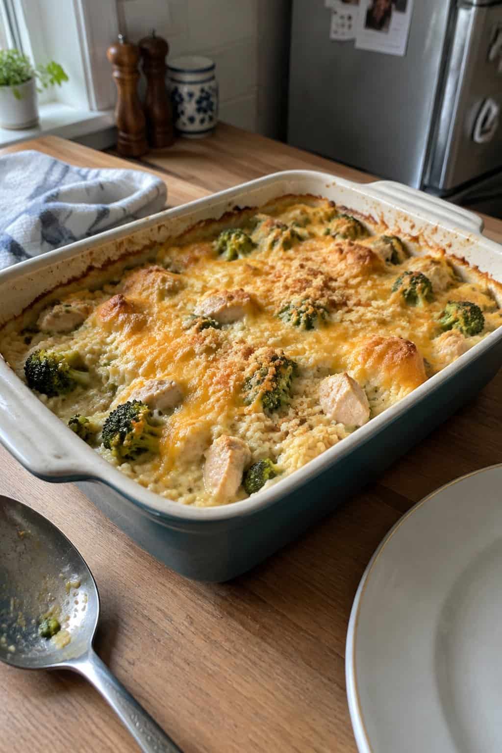 A homemade chicken broccoli rice casserole in a rectangular baking dish on a kitchen table.