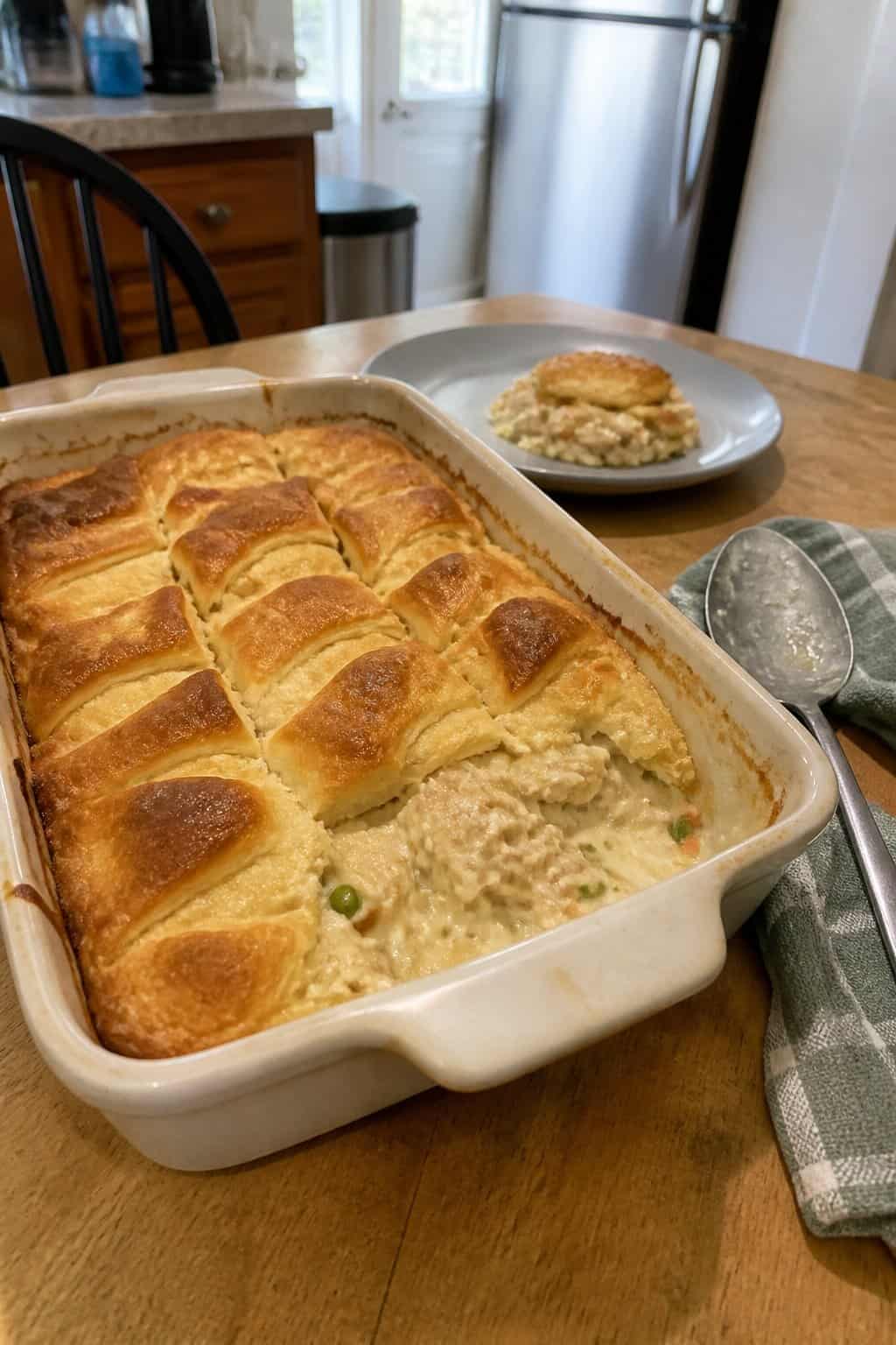 A golden chicken casserole topped with crescent rolls sits in a baking dish on a kitchen table.