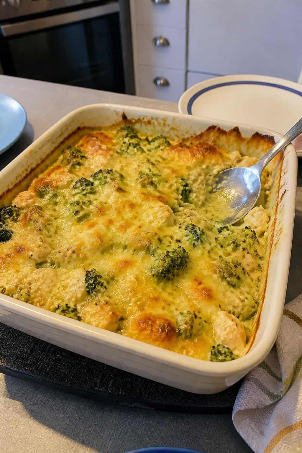 A homemade chicken and broccoli casserole with browned cheese in a ceramic baking dish on a kitchen table.
