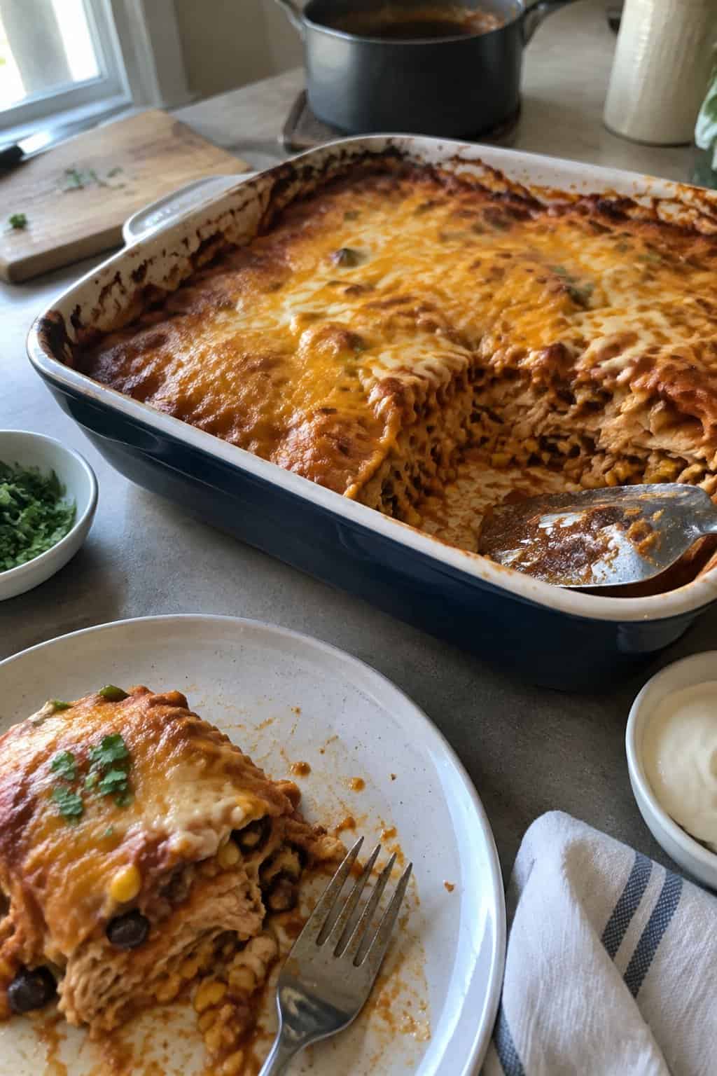A homemade chicken enchilada casserole in a baking dish, partially served on a kitchen table.