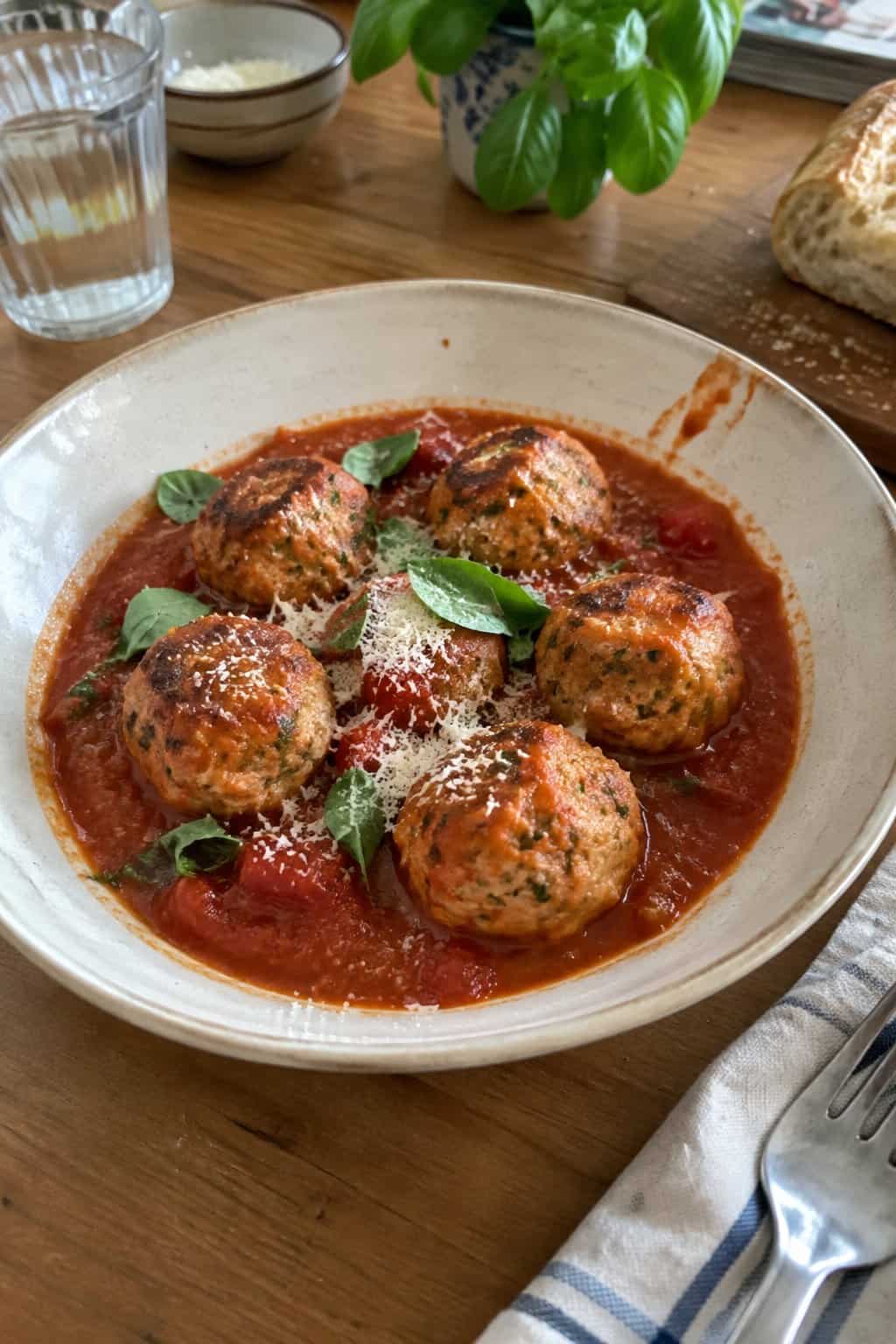 Chicken meatballs in tomato sauce served in a bowl.