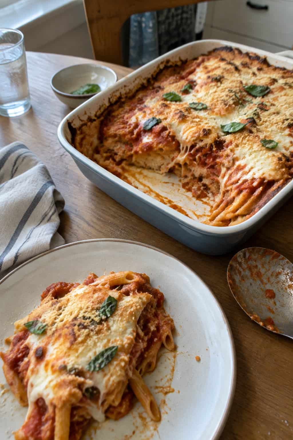 A homemade chicken Parmesan casserole with melted cheese is served in a baking dish beside a plated portion.