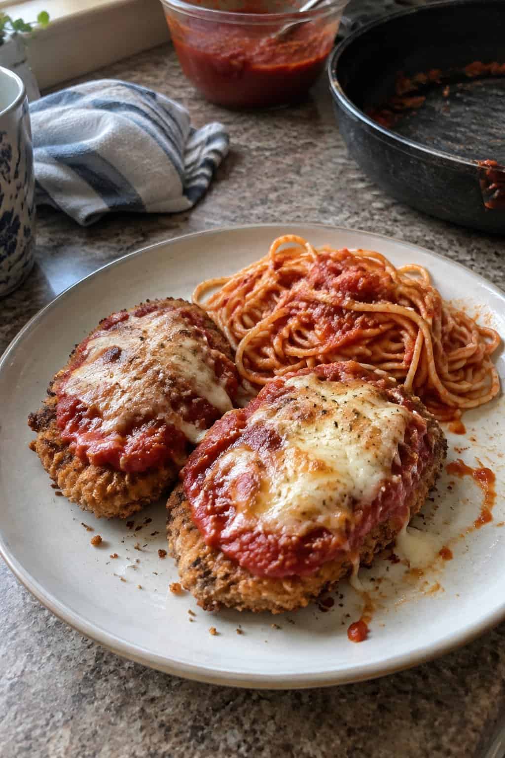 A plate of breaded chicken topped with marinara sauce and melted cheese, served with pasta in a home kitchen.