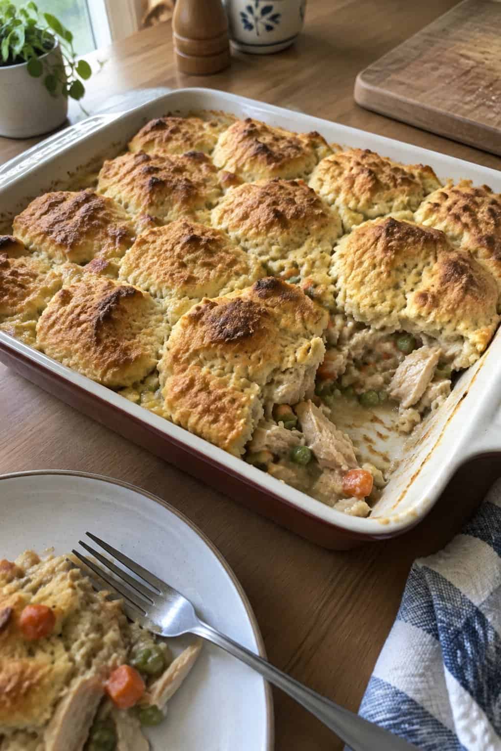 A homemade chicken pot pie casserole with golden biscuits is served in a rectangular baking dish beside a plate and fork.