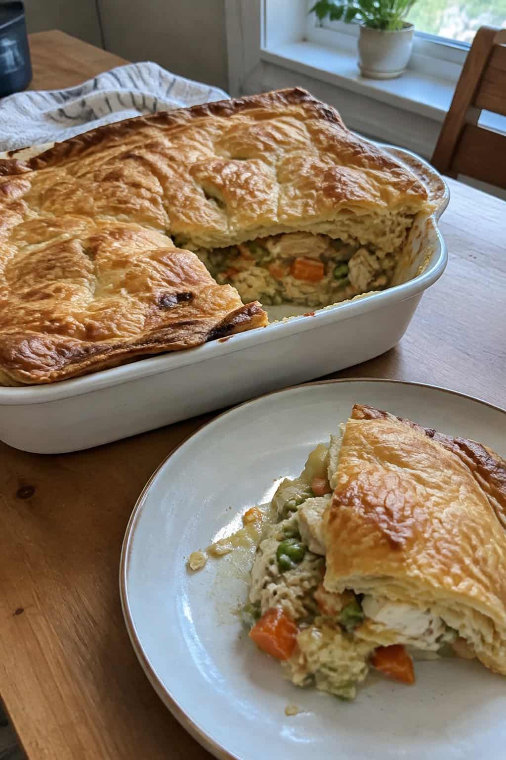 A golden chicken pot pie with a serving cut out, showing creamy chicken and vegetables beneath flaky pastry.