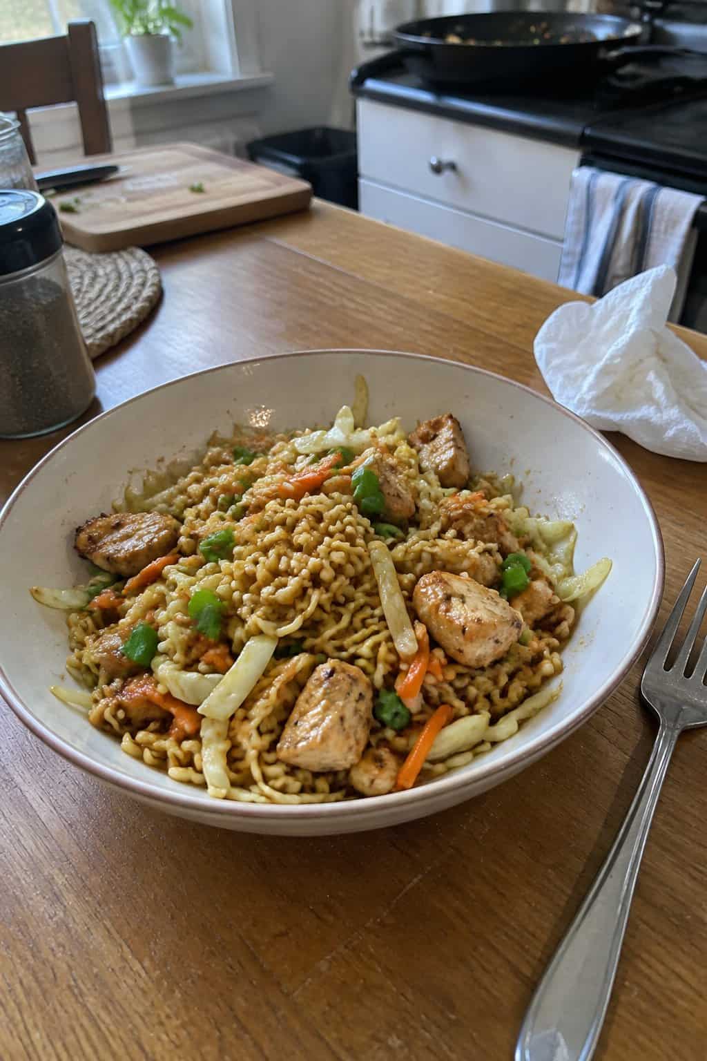 A bowl of chicken ramen stir-fry with cabbage and carrots on a kitchen table.