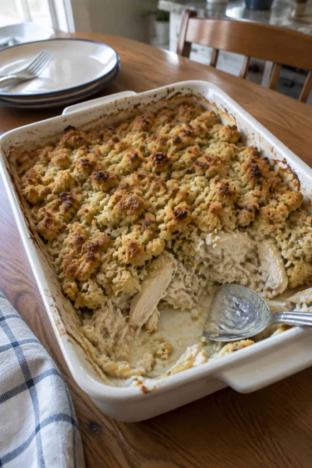 A homemade chicken and stuffing casserole in a rectangular baking dish, with one serving scooped out to show the creamy chicken filling.