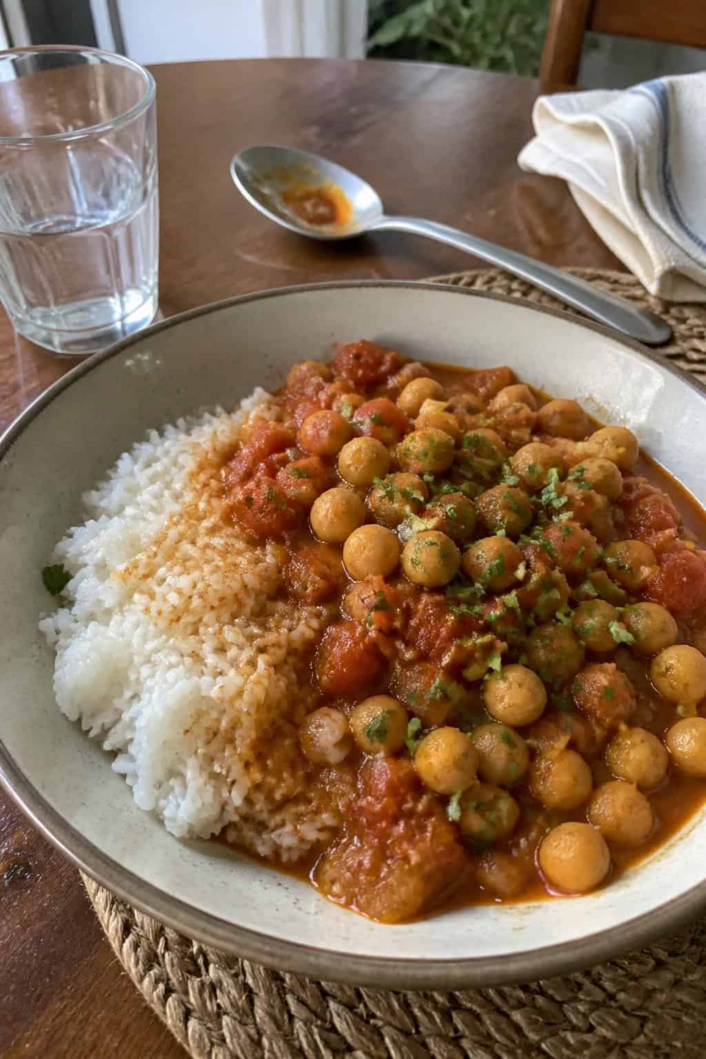 17 Budget Dinners That Use What You Already Bought 12 A bowl of chickpea curry with white rice on a kitchen table.