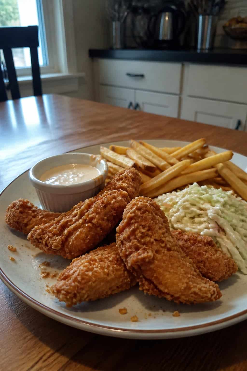 20 Copycat Chicken Recipes for Restaurant Cravings at Home 9 A plate of crispy chicken strips with dipping sauce and fries on a kitchen table.