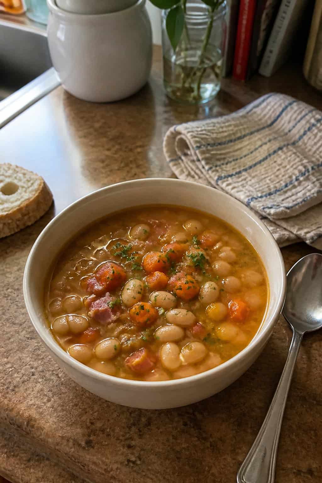 Ham Soup Recipes for Chilly Nights 2 A bowl of homemade ham and bean soup with vegetables sits on a kitchen table beside a spoon and bread.