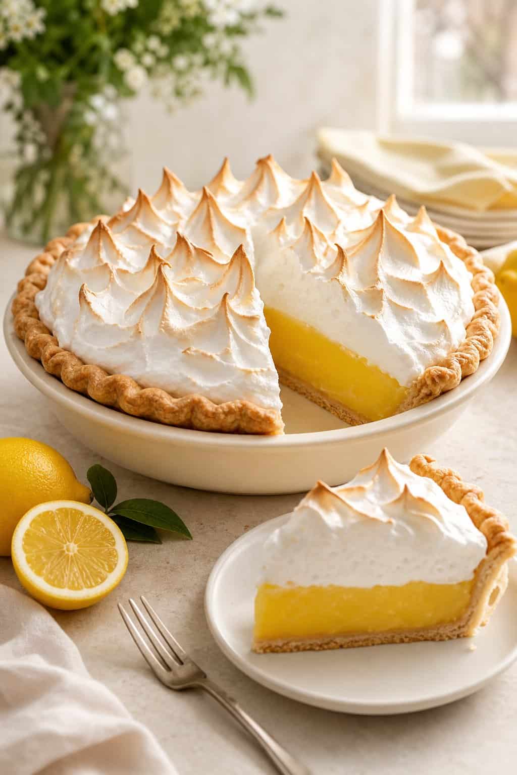 A classic lemon meringue pie with toasted meringue peaks and a slice showing its lemon filling and flaky crust.