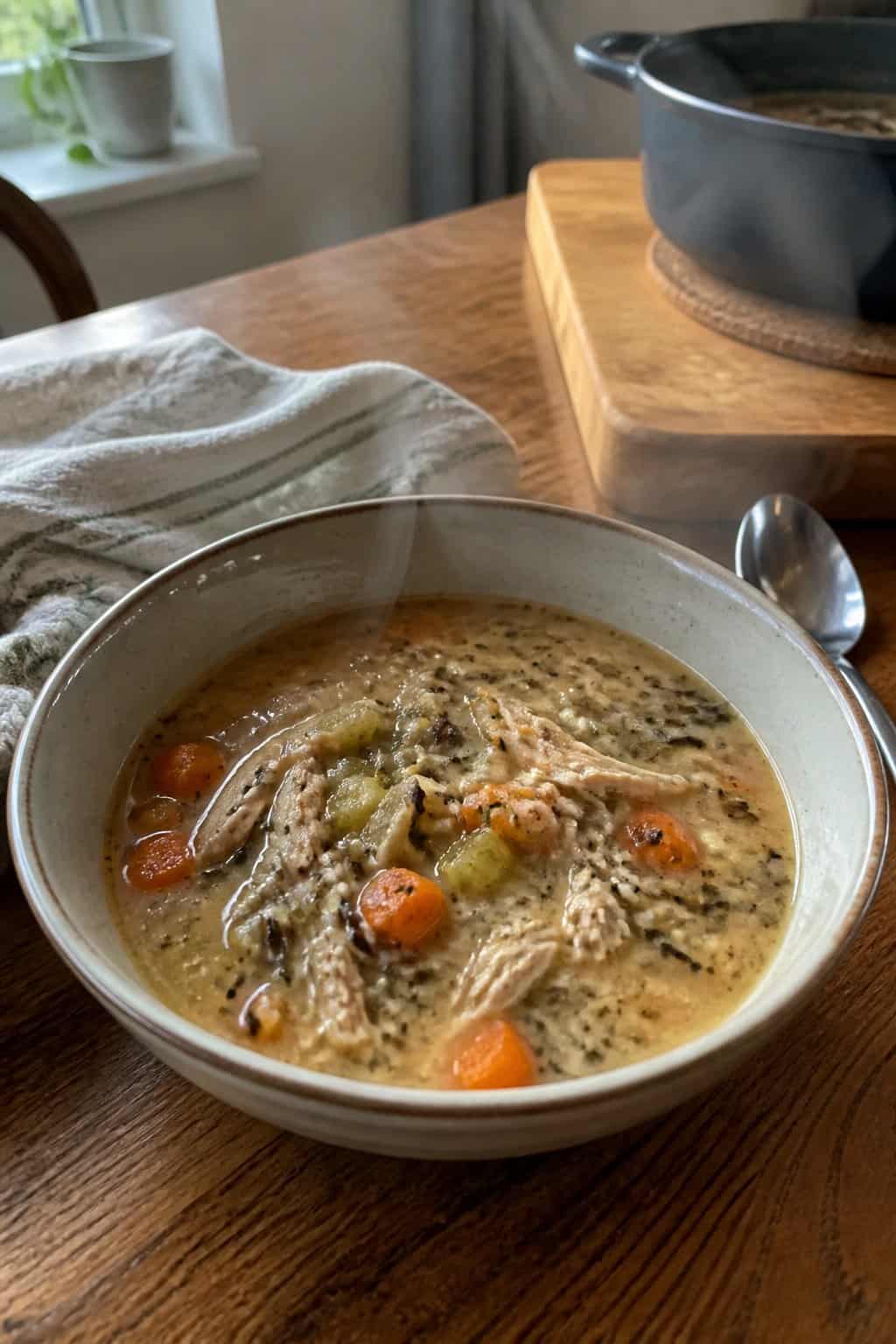 25 Turkey Soup Recipes That Make the Whole House Smell Amazing 2 A bowl of turkey and wild rice soup sits on a kitchen table beside a spoon and folded towel.