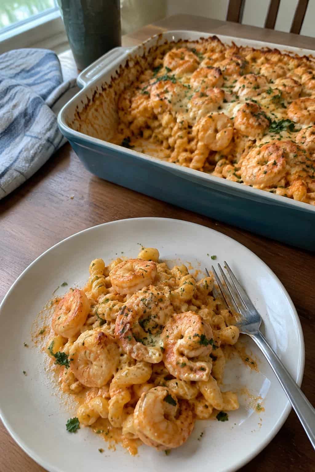 A serving of creamy Cajun shrimp pasta casserole on a plate beside the baking dish.