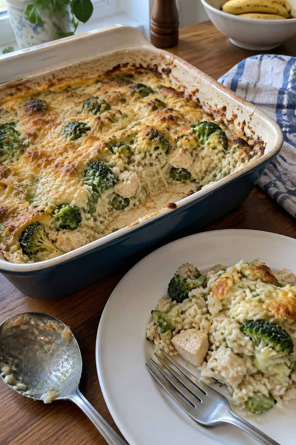 A creamy chicken, broccoli, and rice casserole in a baking dish with one serving removed.